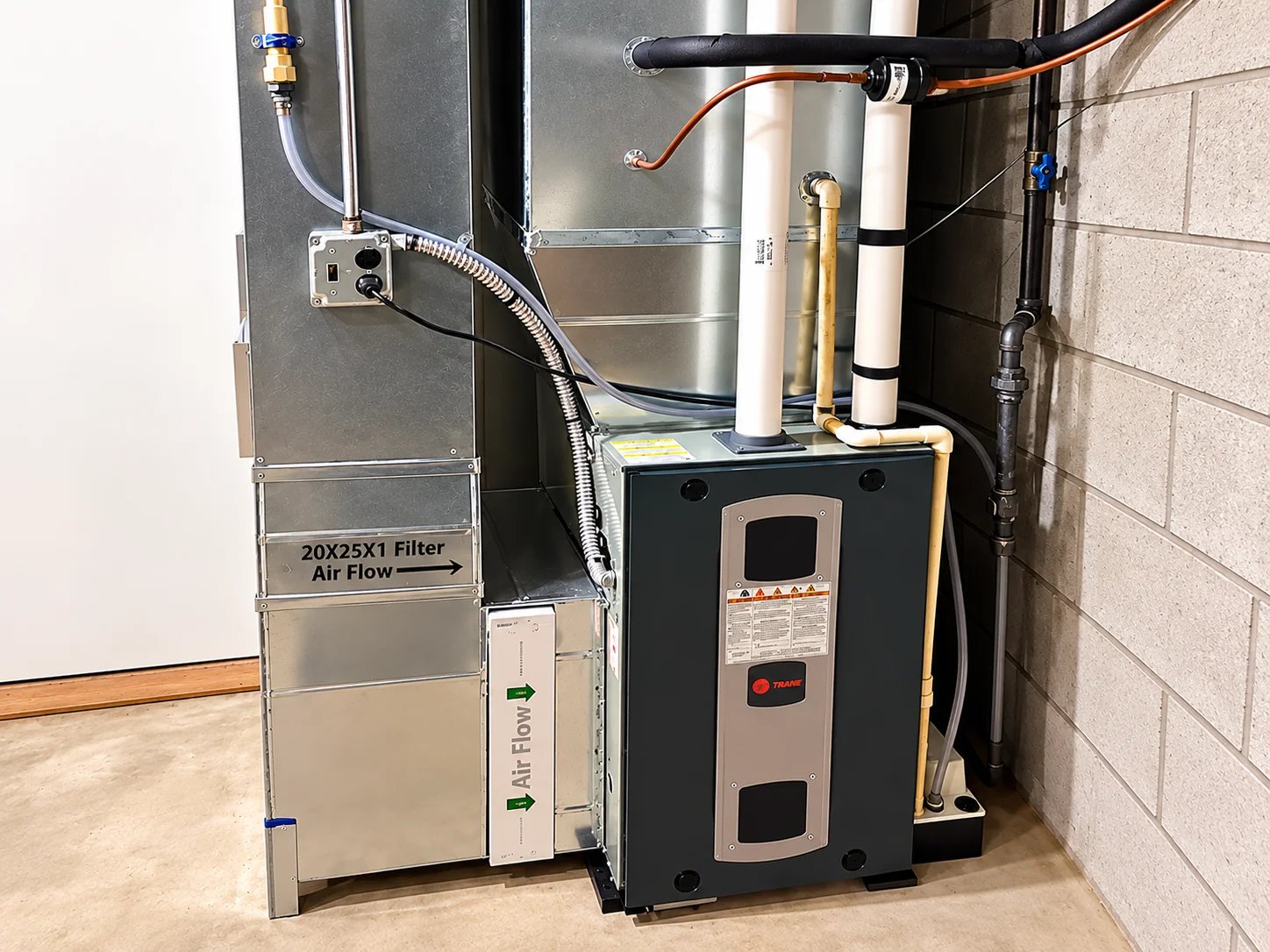 HVAC system in home setting, showing filter and airflow mechanisms.