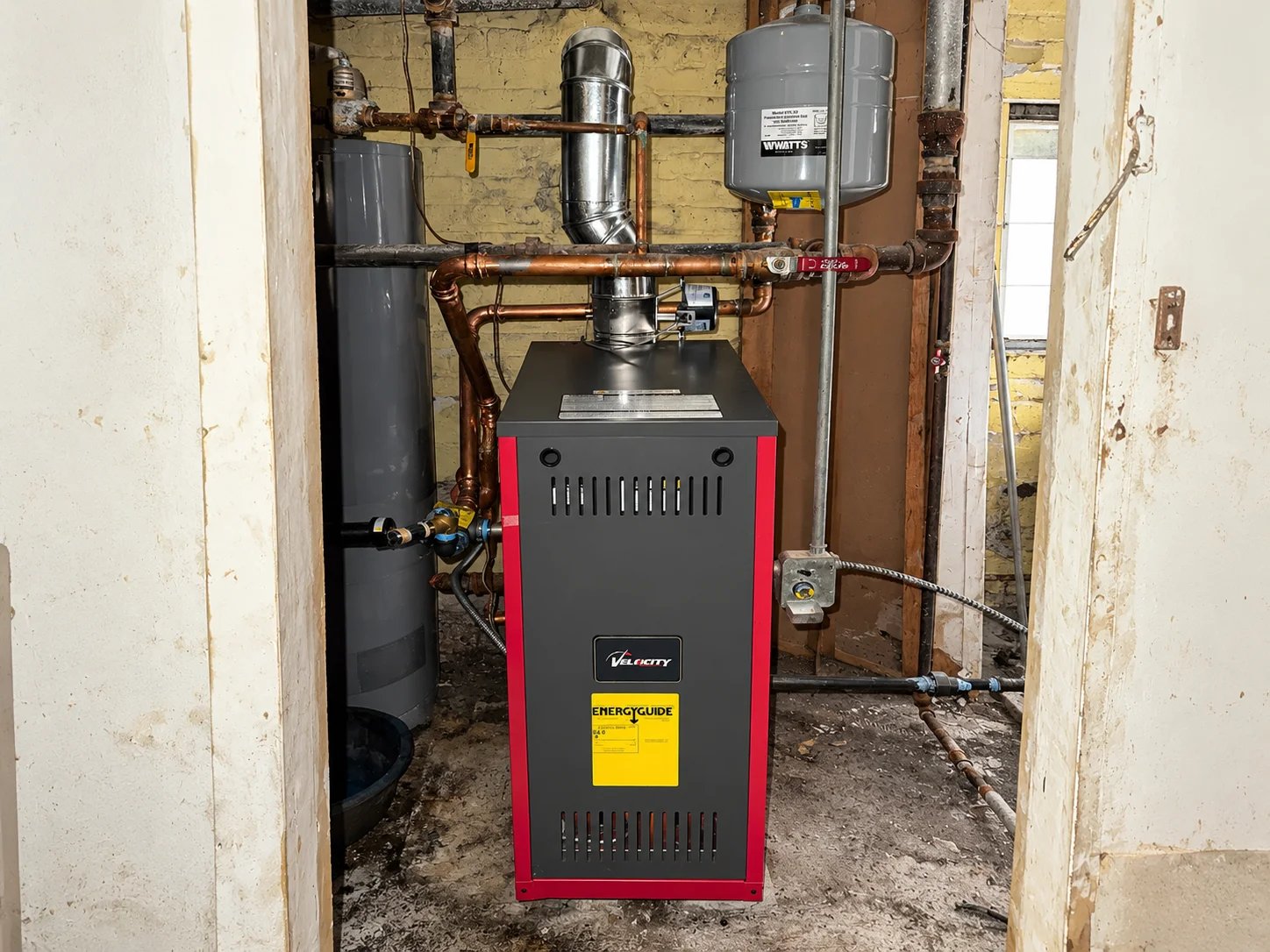Modern hot water boiler in a utility room.
