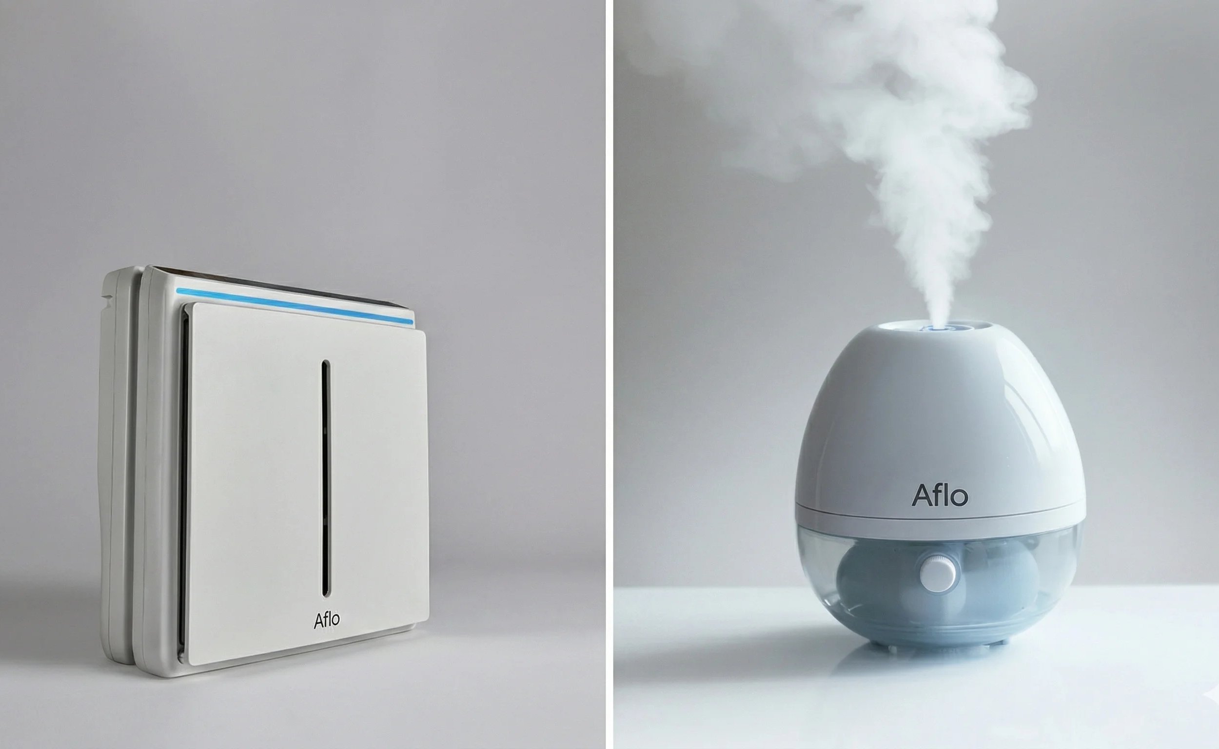 Aflō humidifier emitting steam alongside its sleek design.