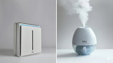 Aflō humidifier emitting steam alongside its sleek design.