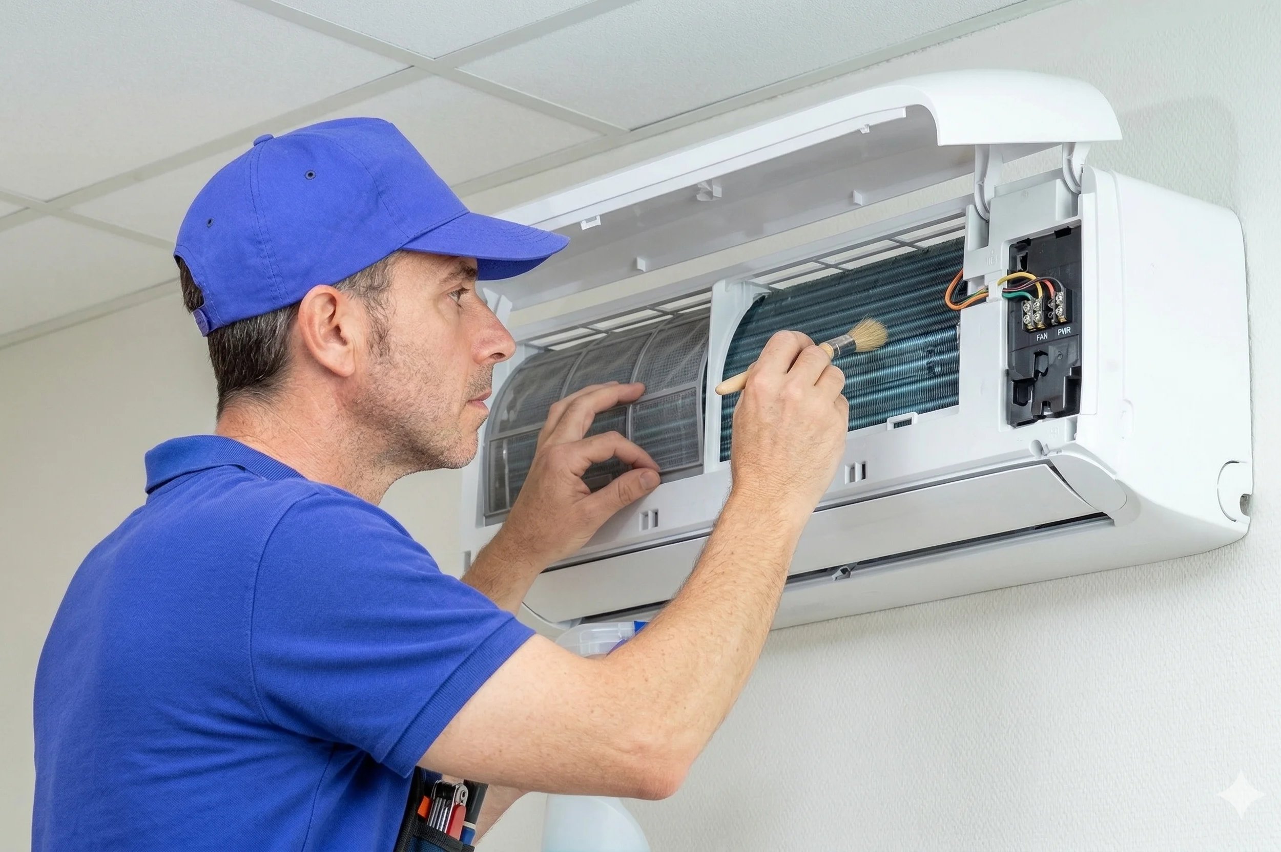 Technician performing maintenance on air conditioner