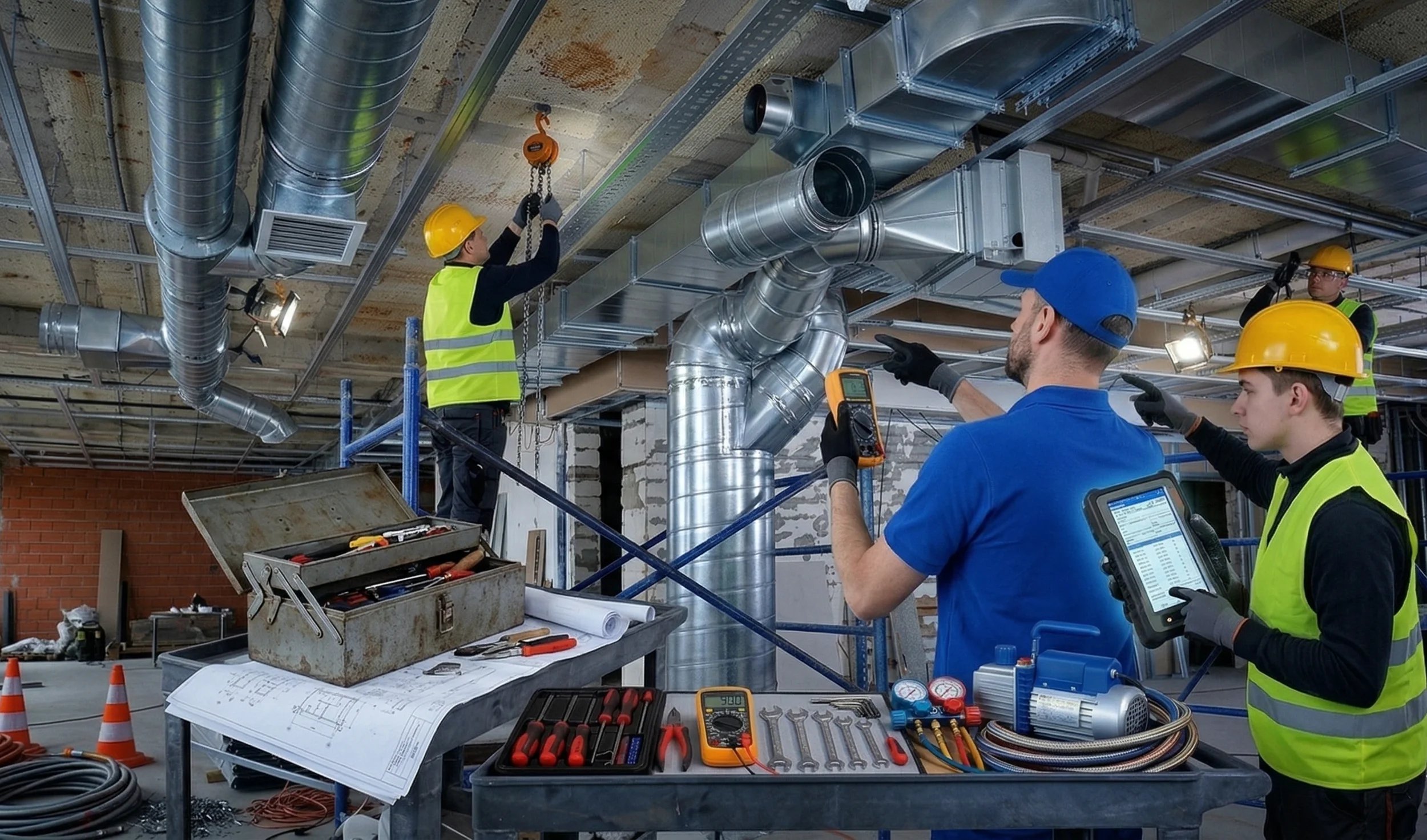 Construction workers installing ventilation system
