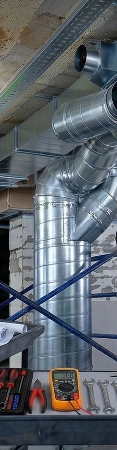 Construction workers installing ventilation system