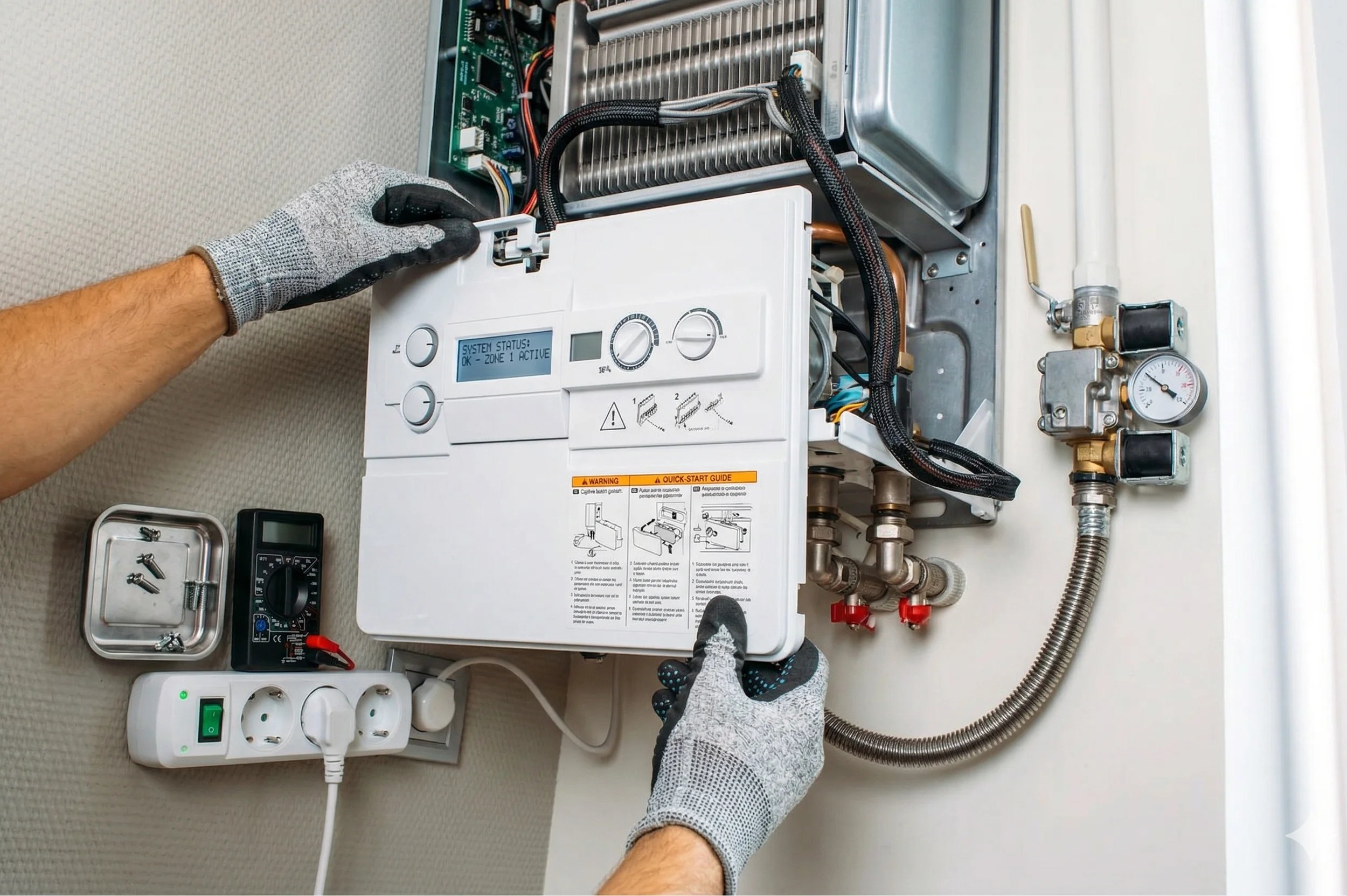 Hands adjusting a heating system control unit