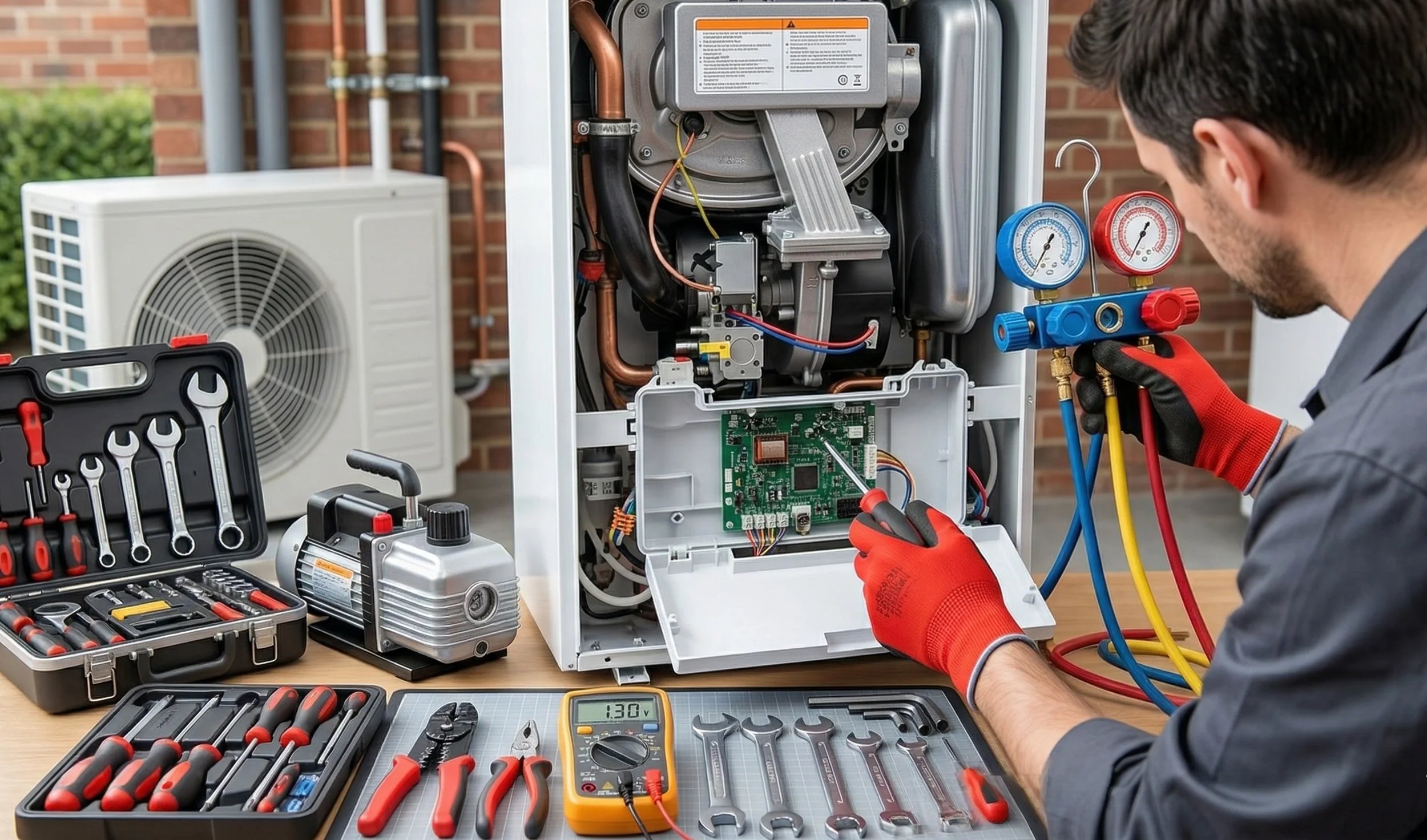 Technician servicing HVAC unit with tools and gauges.