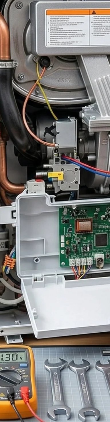 Technician servicing HVAC unit with tools and gauges.
