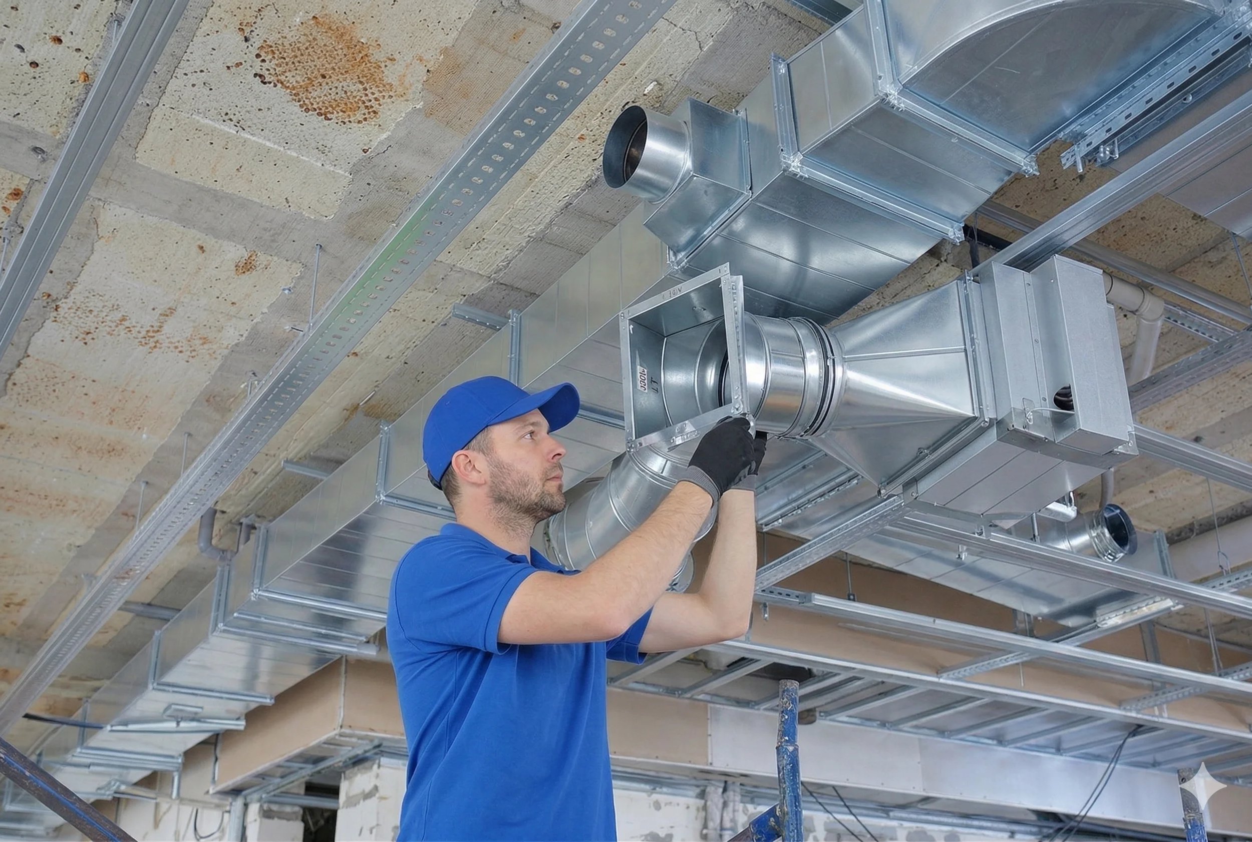 Worker installing HVAC ductwork in a ceiling
