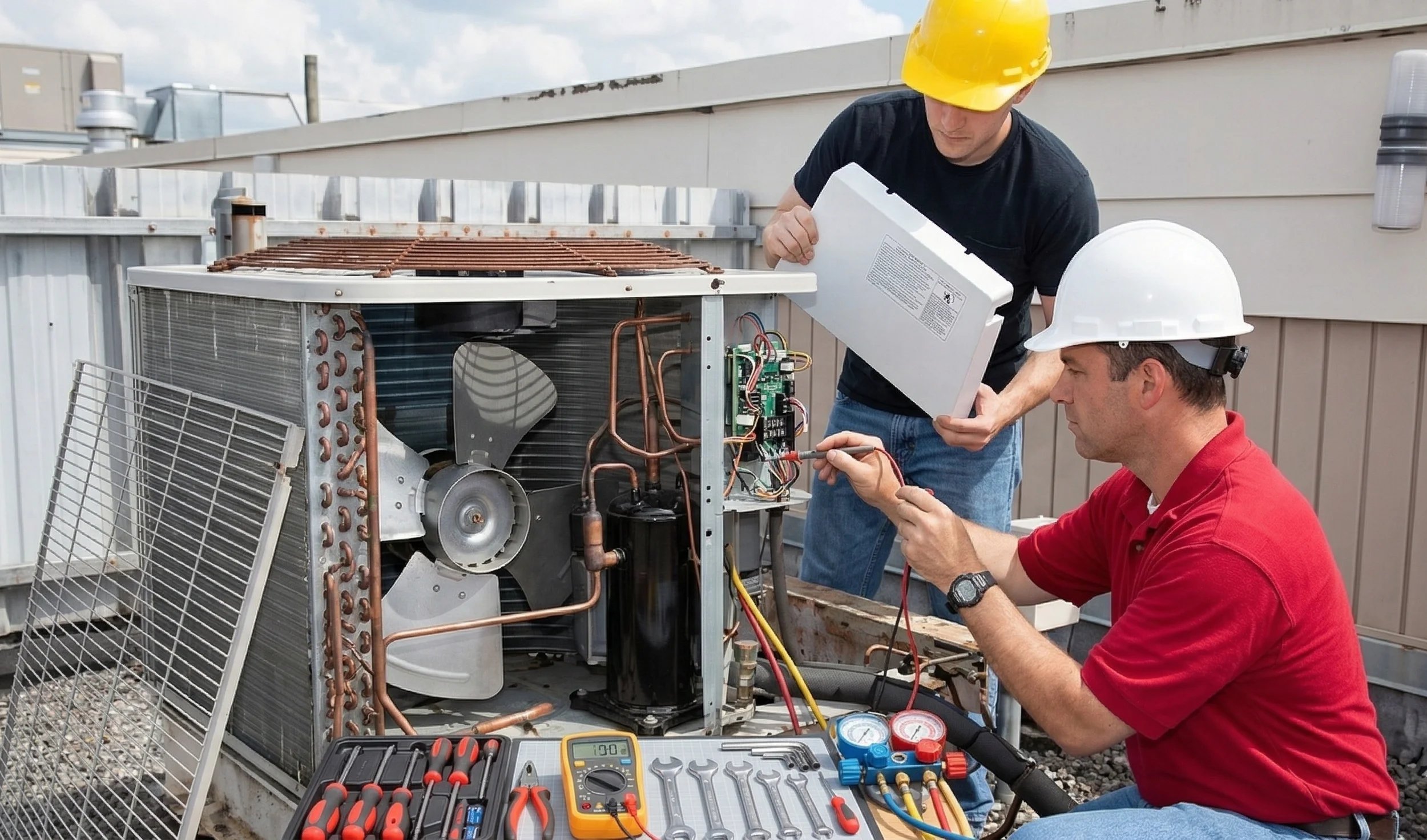 Technicians repairing an air conditioning unit on a rooftop.