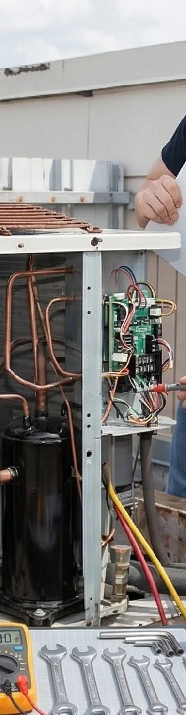 Technicians repairing an air conditioning unit on a rooftop.