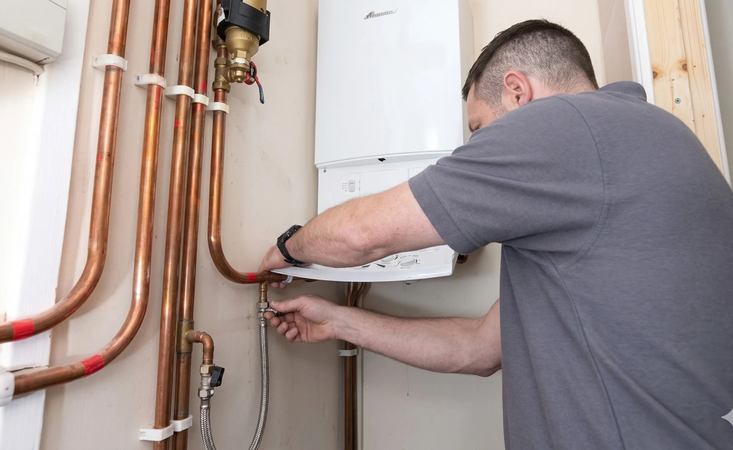 Man servicing a boiler with copper pipes