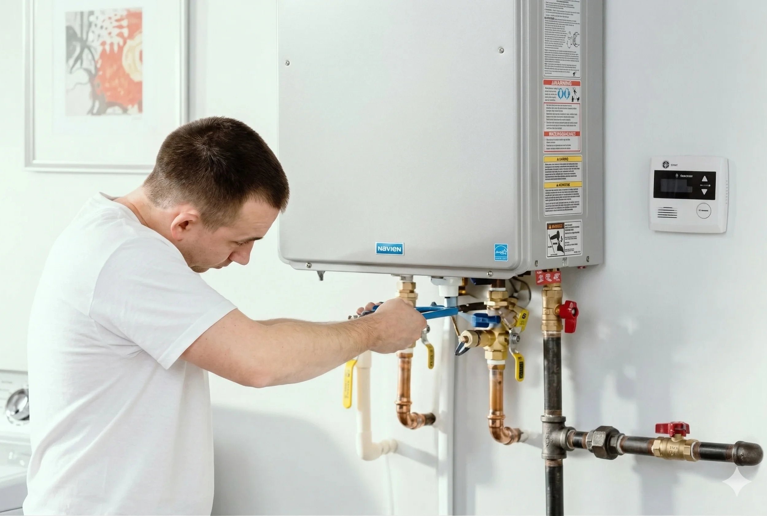 Plumber repairing a water heater with tools.