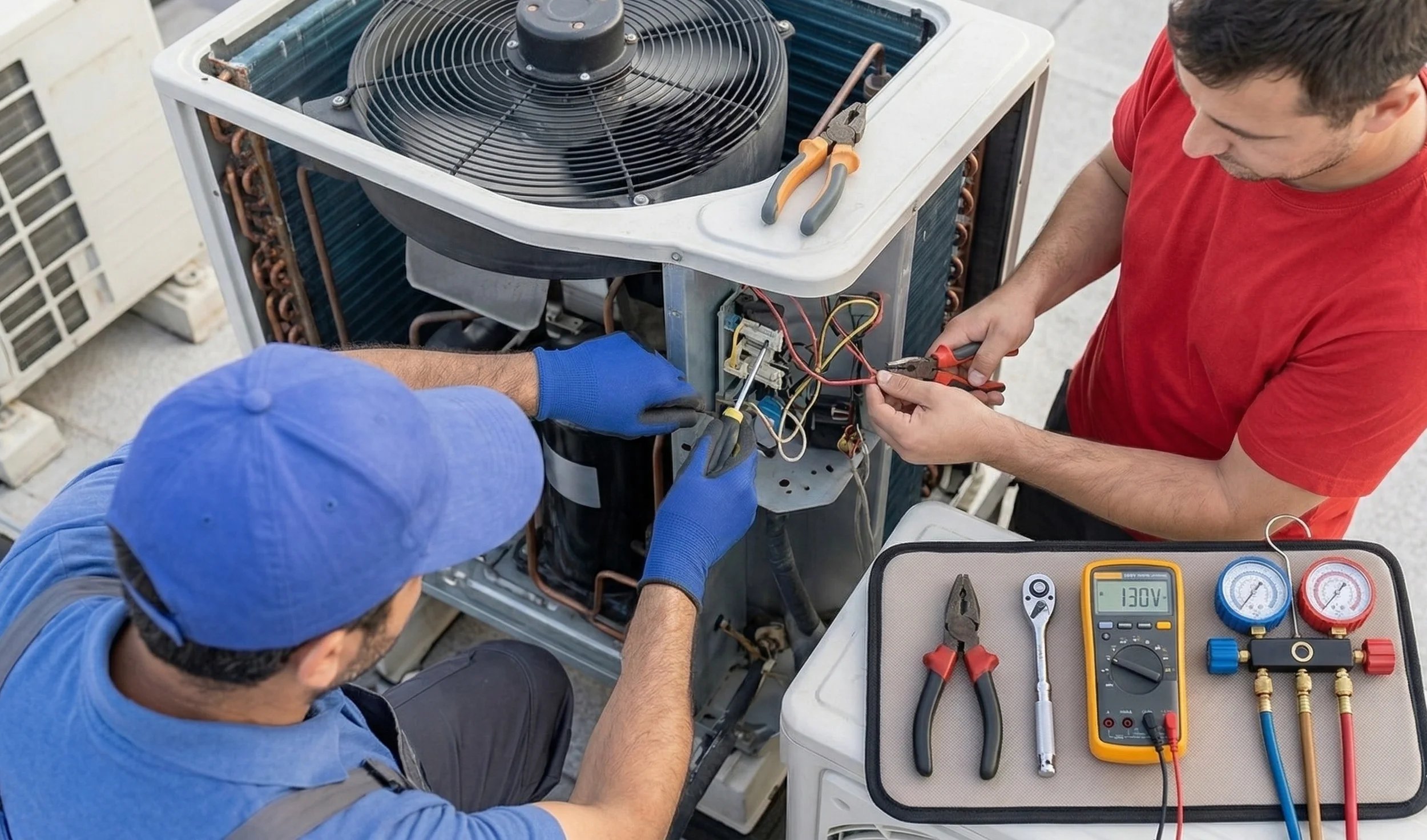 Two technicians repairing an air conditioning unit on a rooftop.