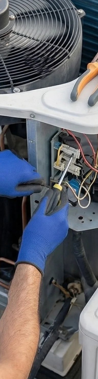 Two technicians repairing an air conditioning unit on a rooftop.