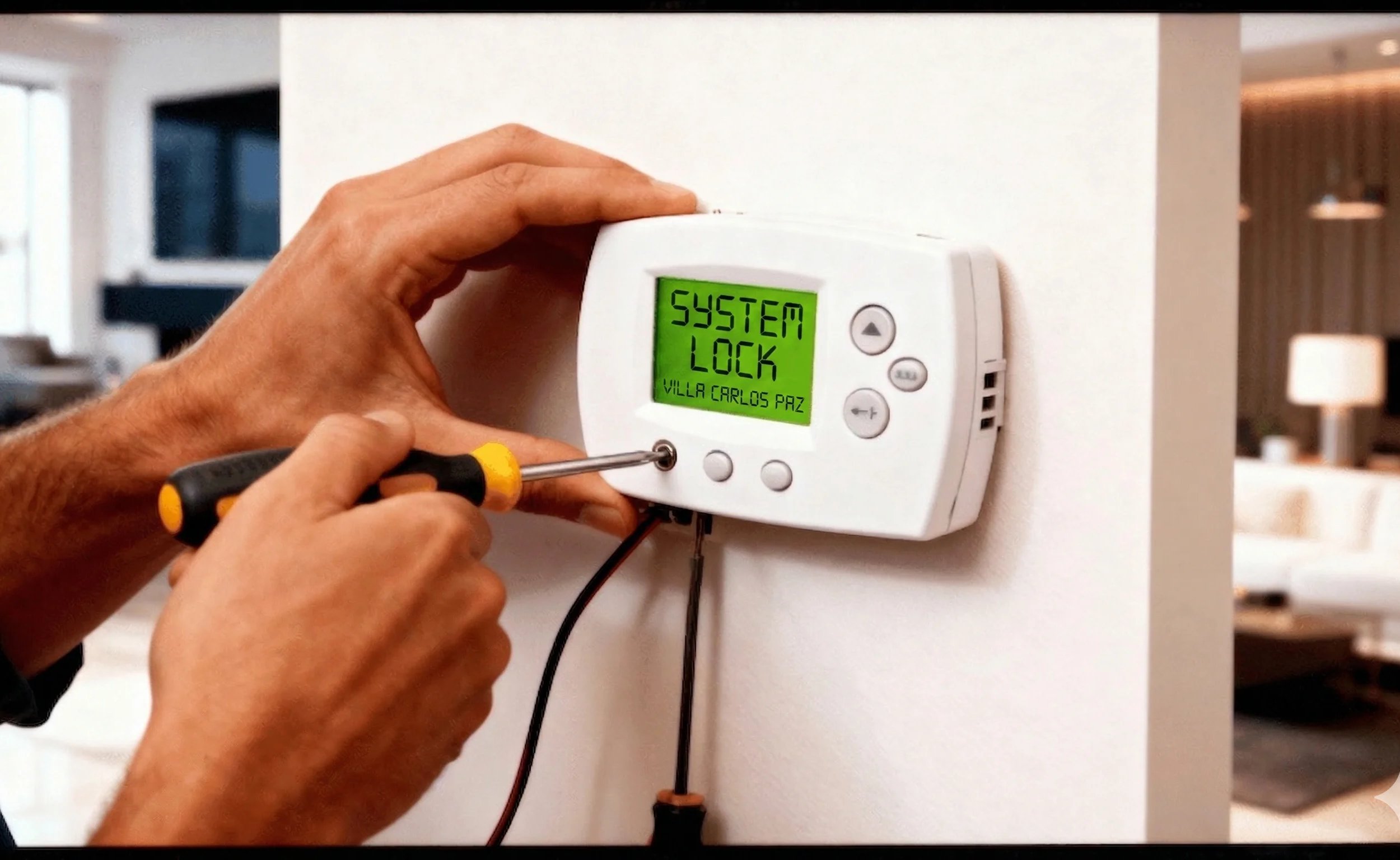 Person adjusting a thermostat with a screwdriver