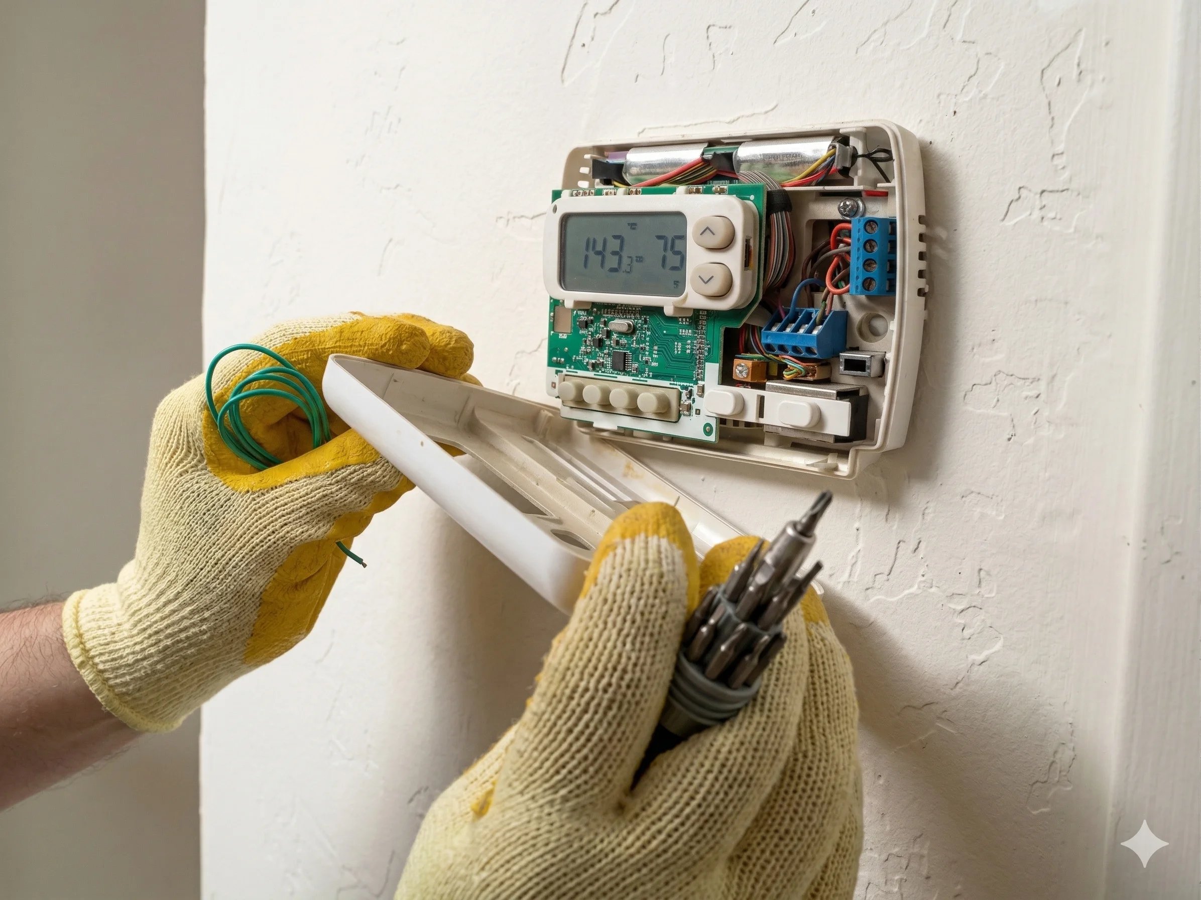 Technician installing a digital thermostat on a wall.