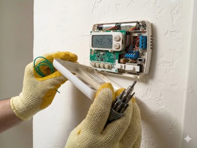 Technician installing a digital thermostat on a wall.
