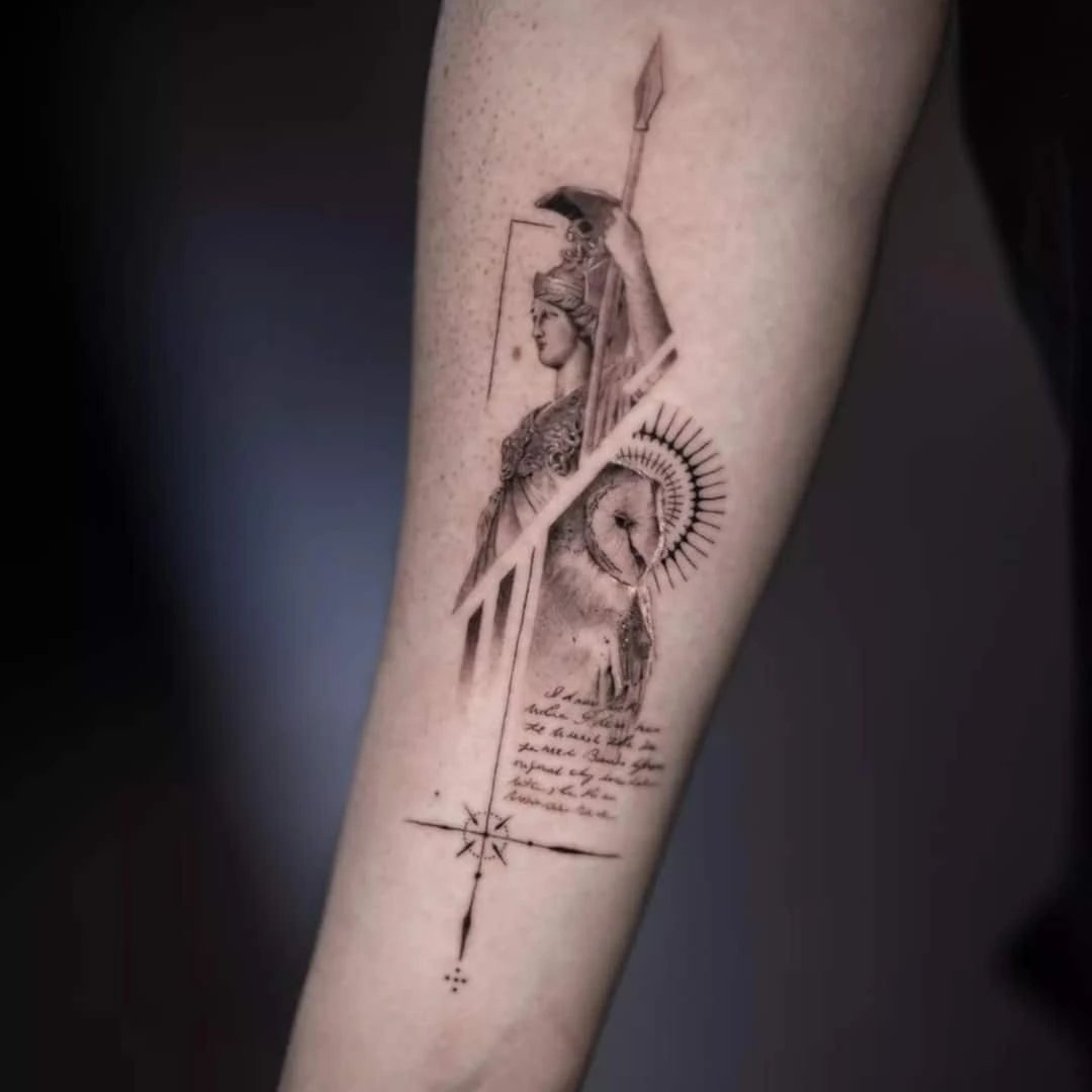 Tattoo of a warrior goddess on forearm with lion and quote