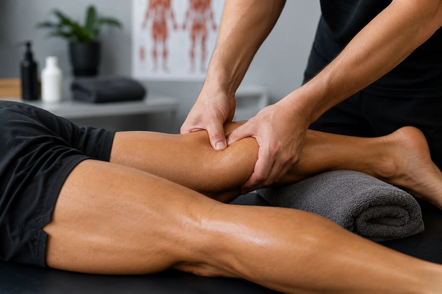 Therapist massaging leg during a treatment session