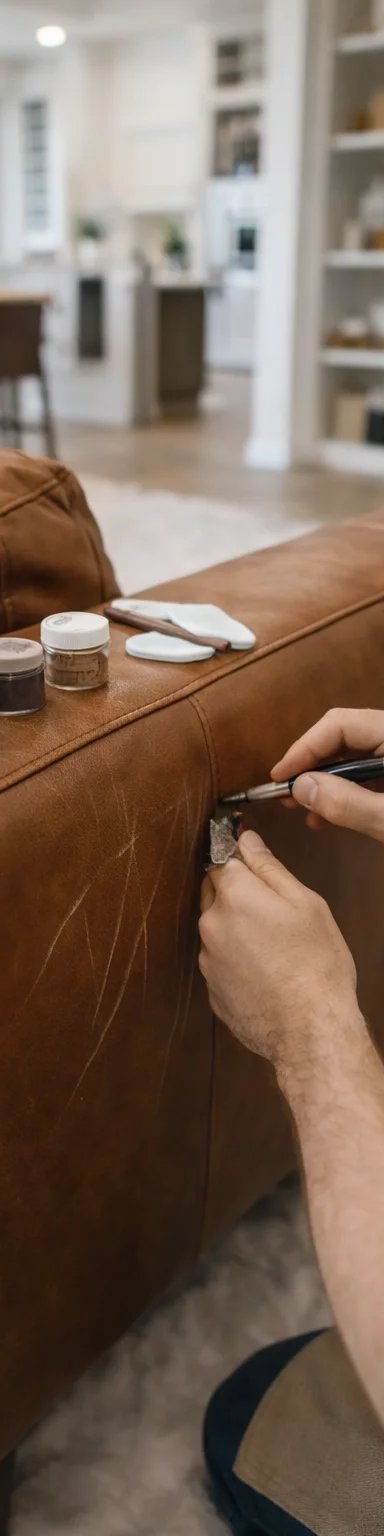 Person repairing scratch on leather couch with repair kits