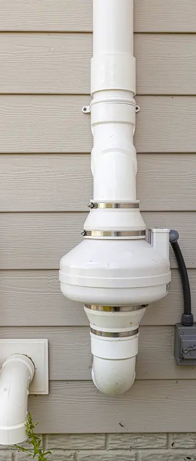 White plumbing pipes on exterior wall