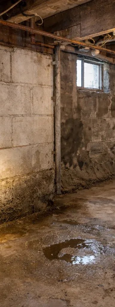 A clean basement with exposed concrete walls and floor