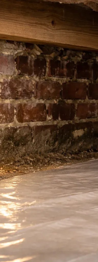 Close-up of a crawl space with brick walls and plastic sheet flooring