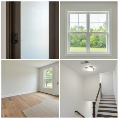 Interior images of a modern home including windows and stairs.