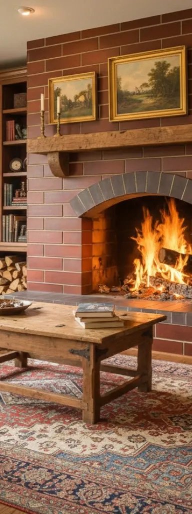 Cozy living room with a fireplace and wooden furniture