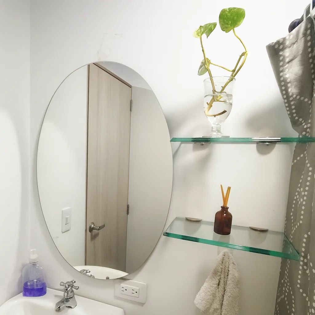 Modern bathroom setting with round mirror and green plant.
