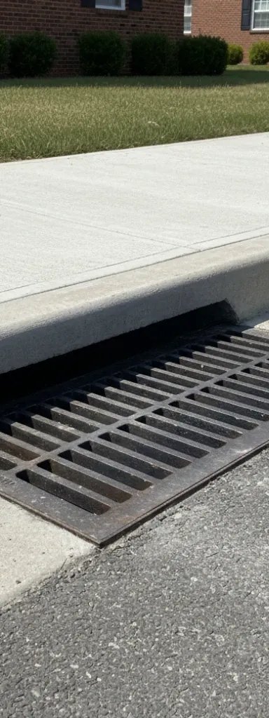 Metal storm drain on a sidewalk next to grass.
