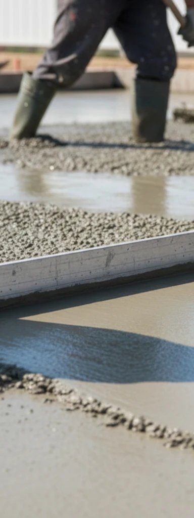 Construction workers leveling fresh concrete on a site
