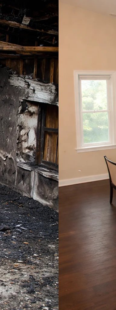 Before and after of a burned room restoration