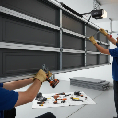 Individuals installing a garage door with tools.