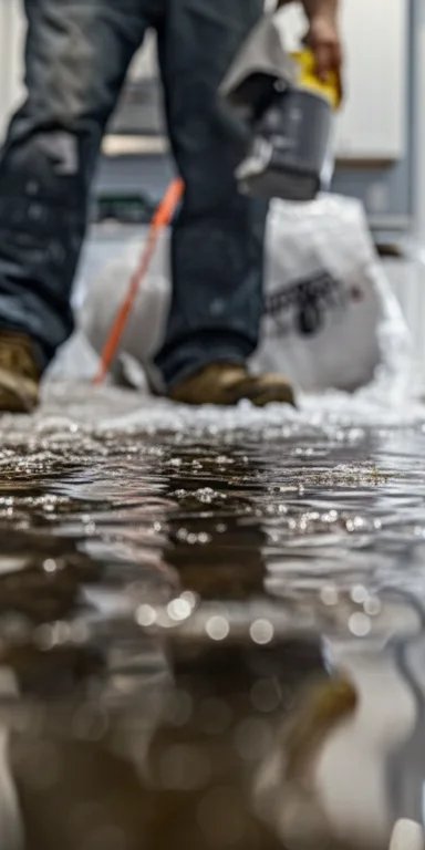 Person cleaning a flooded kitchen floor