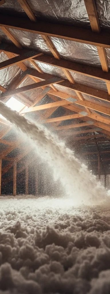 Insulation installation in an attic by worker