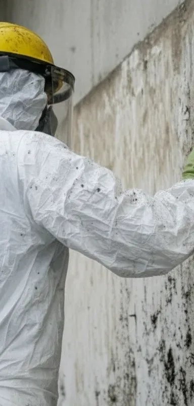 Worker cleaning mold from wall