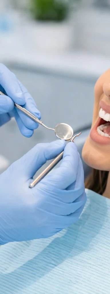 Dental examination in progress with smiling patient.