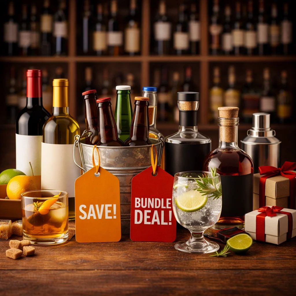 An arrangement of alcoholic beverages with promotional tags.