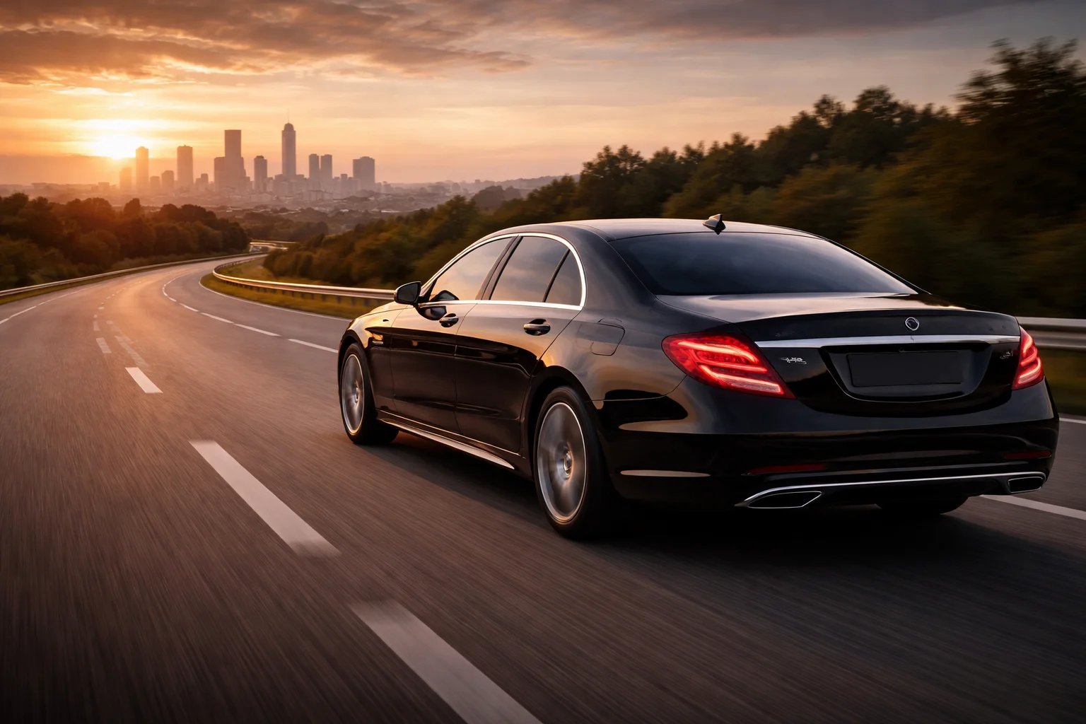 Luxury black sedan driving on highway at sunset