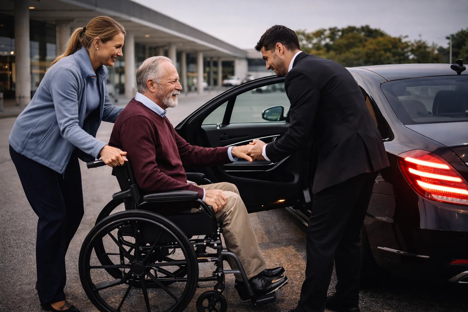 A caregiver helps an elderly man in a wheelchair enter a car.