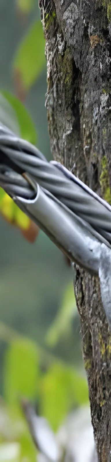 Close-up of steel cable attached to a tree with a bolt.