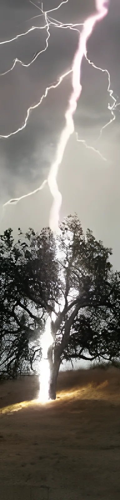 Lightning striking a solitary tree on hilltop