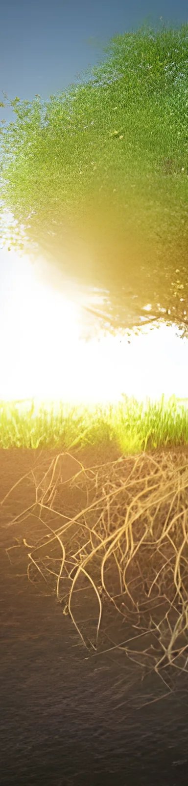 A tree with visible roots and sunlight in the background.