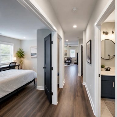 Modern interior hallway showcasing a bedroom and bathroom