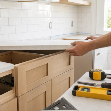 Cabinet installation with a carpenter adjusting a countertop.