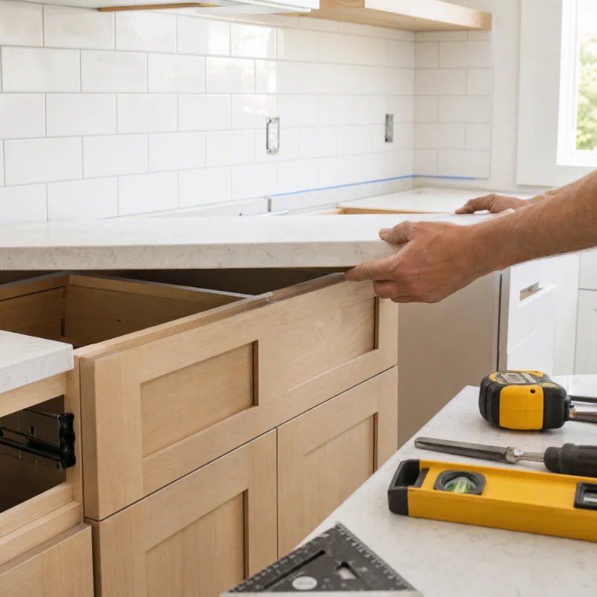 Cabinet installation with a carpenter adjusting a countertop.