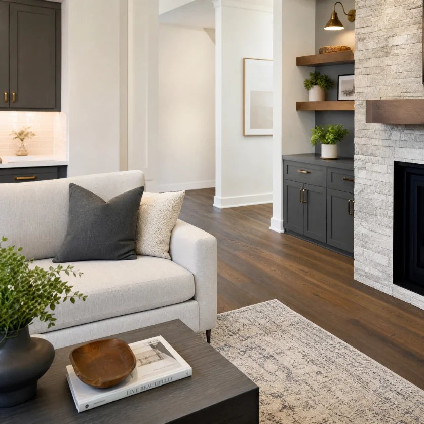 Modern living room with neutral decor and fireplace