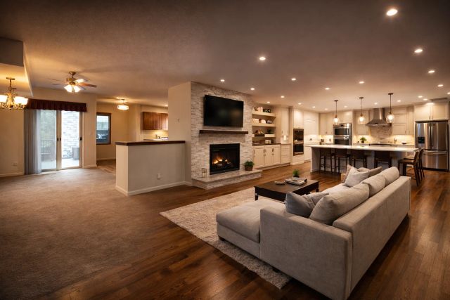 Modern living room with an open layout and kitchen