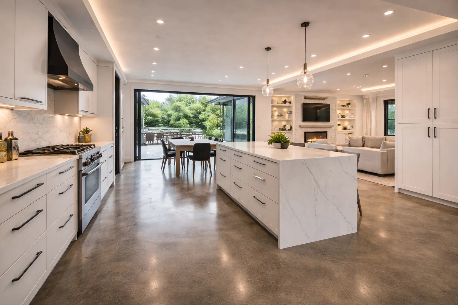 Modern kitchen interior with island and open space