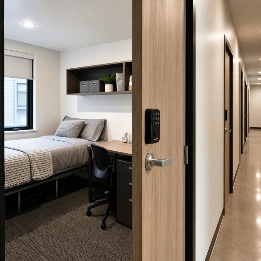 Modern student room with desk and bed in dormitory.